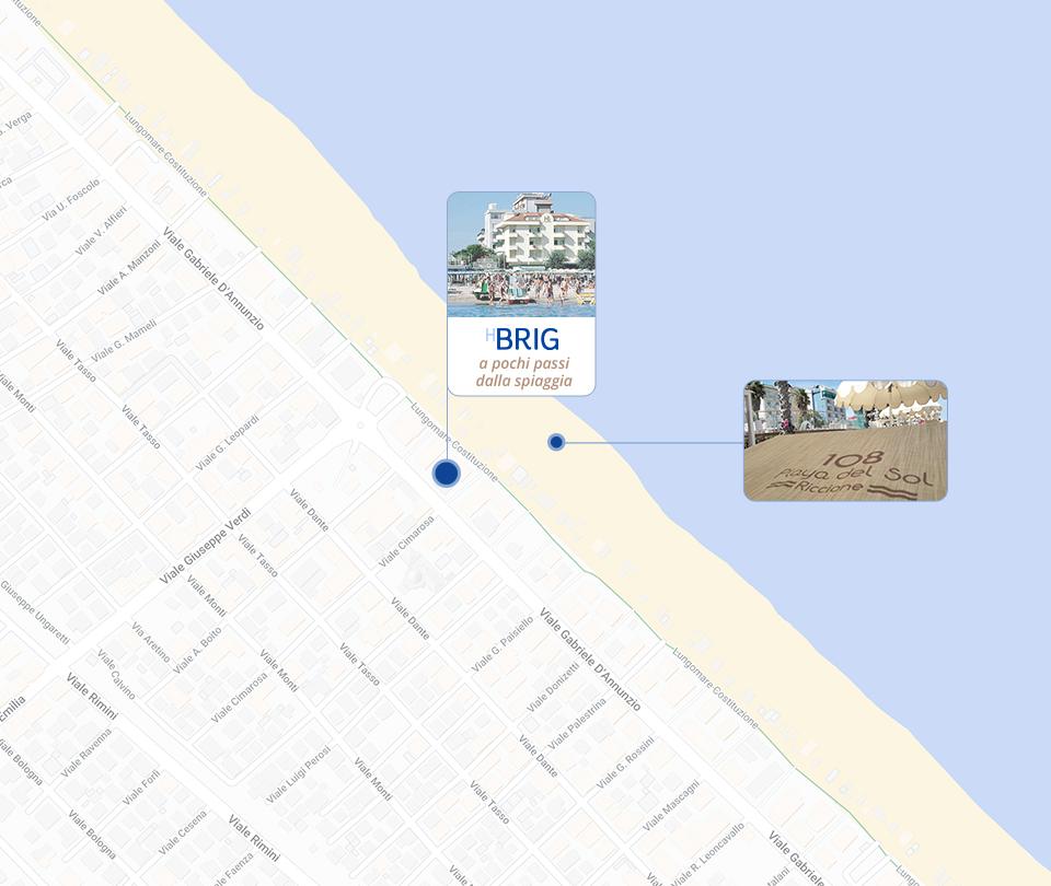 Mappa di Riccione con indicazioni per l'Hotel Brig e la spiaggia 108 Paola del Sol.